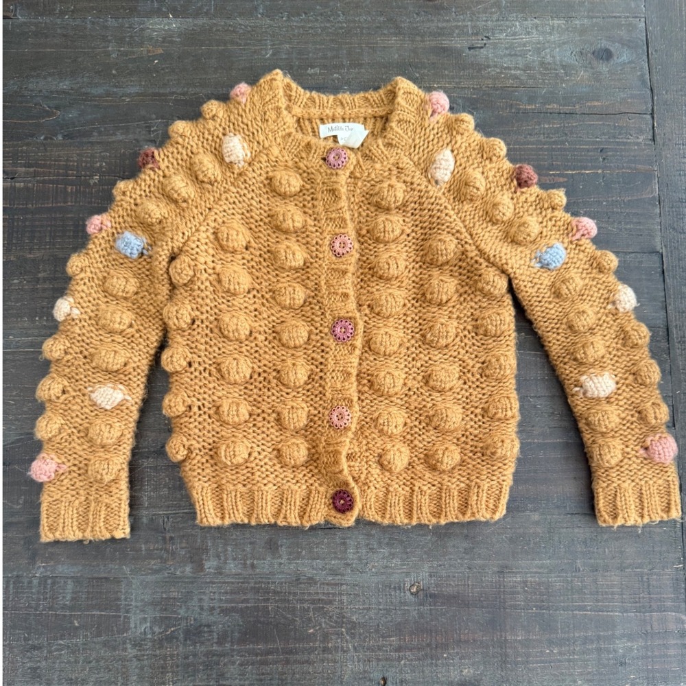 Matilda Jane Girls Mustard Popcorn Knit Pom Pom Fall Cardigan Sweater Size 2/4